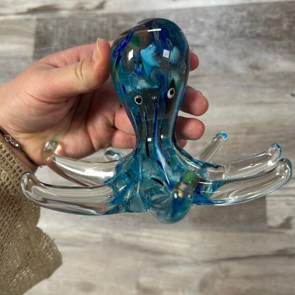 Hand Blown Glass Octopus Sculpture Blue Clear Art Glass Figurine 7.5” - Picture 1 of 7